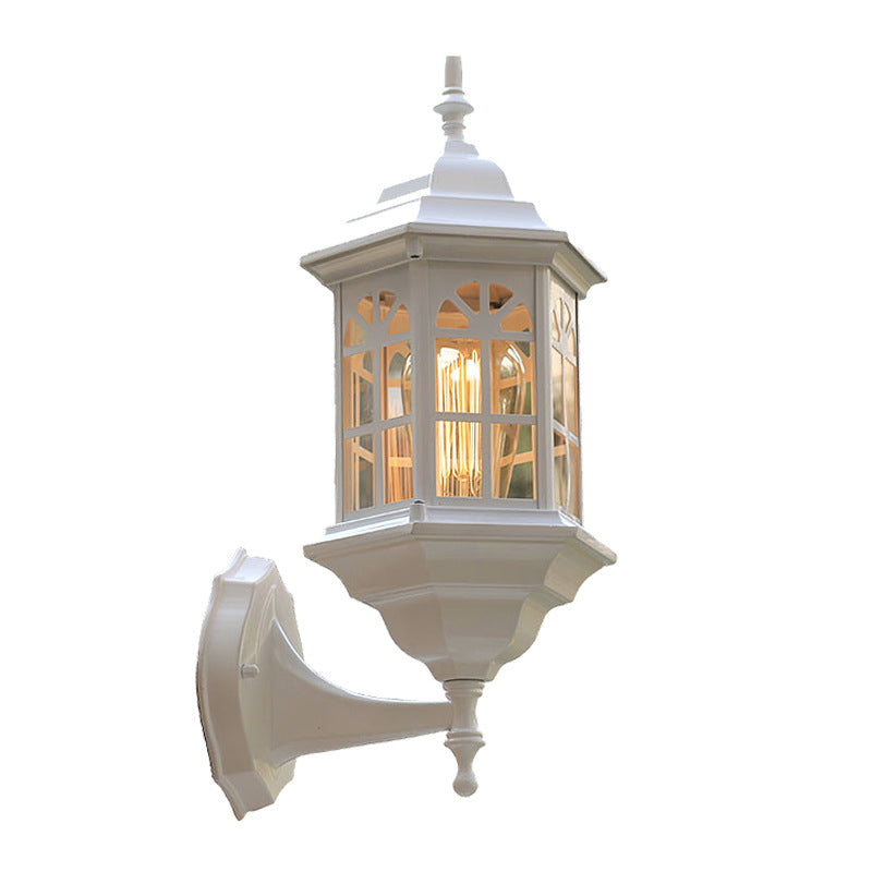 Lámpara de pared tradicional europea de aleación de aluminio con diseño de castillo y cristal, 1 luz, impermeable, para patio exterior