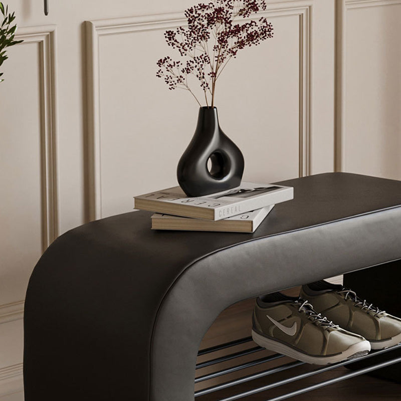 Modern Minimalist Long Rectangle Sherpa Fabric PU Leather Iron Storage Bench 1-Shelf For Entryways