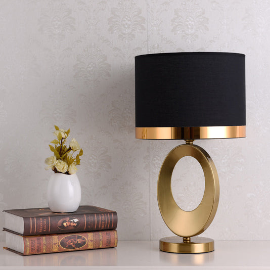 Modern Glam Gold Geometric Ring Table Lamp with Fabric Drum Shade Dimmable Bedside Light for Bedroom and Living Room