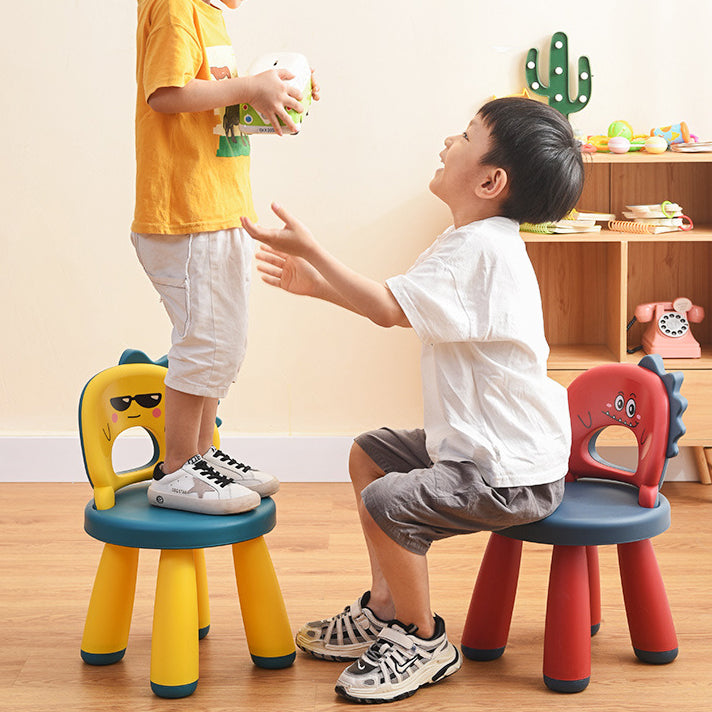Taburete infantil redondo de plástico con respaldo de dinosaurio contemporáneo - Divertido acento para la sala de estar