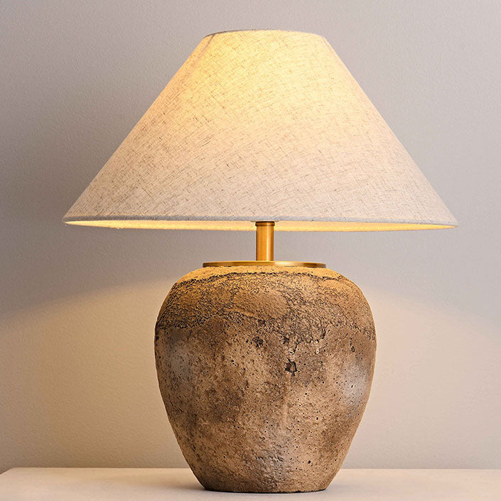 Organic Modern Textured Ceramic Table Lamp with Natural Linen Shade Rustic Wabi-Sabi Accent Light for Bedroom and Living Room