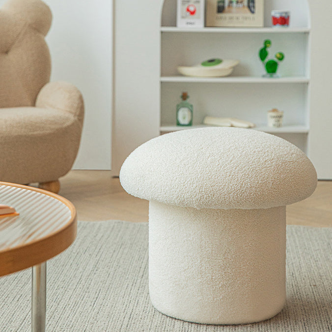 Taburete cilíndrico moderno minimalista de forro polar sherpa con forma de hongo y diseño de madera para dormitorio