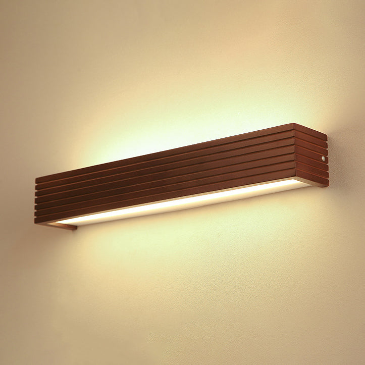 Traditional Japanese Striped Rectangular Wood LED Vanity Mirror Front Wall Sconce Lamp For Bedroom