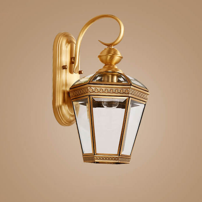 Lámpara de pared exterior europea moderna hexagonal de cobre y cristal impermeable de 1 luz