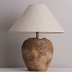 Organic Modern Textured Ceramic Table Lamp with Natural Linen Shade Rustic Wabi-Sabi Accent Light for Bedroom and Living Room