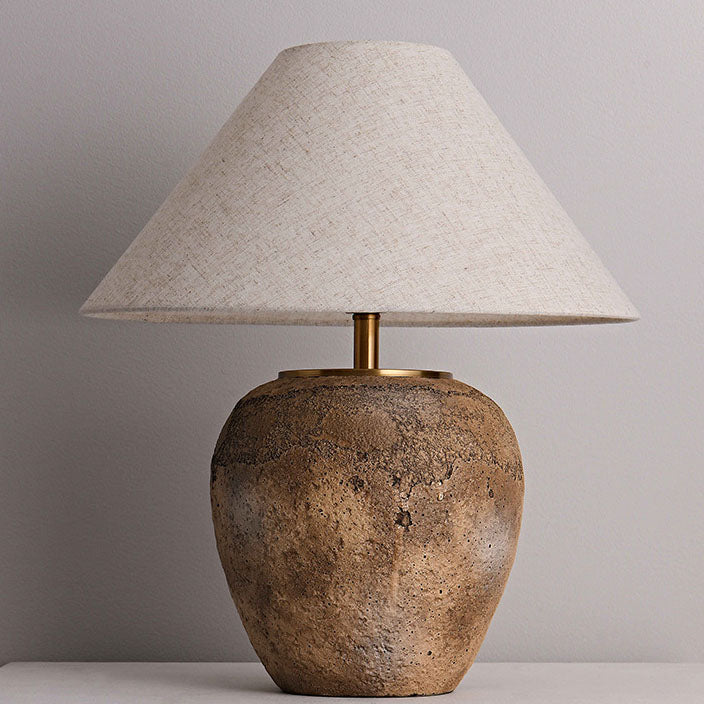 Organic Modern Textured Ceramic Table Lamp with Natural Linen Shade Rustic Wabi-Sabi Accent Light for Bedroom and Living Room