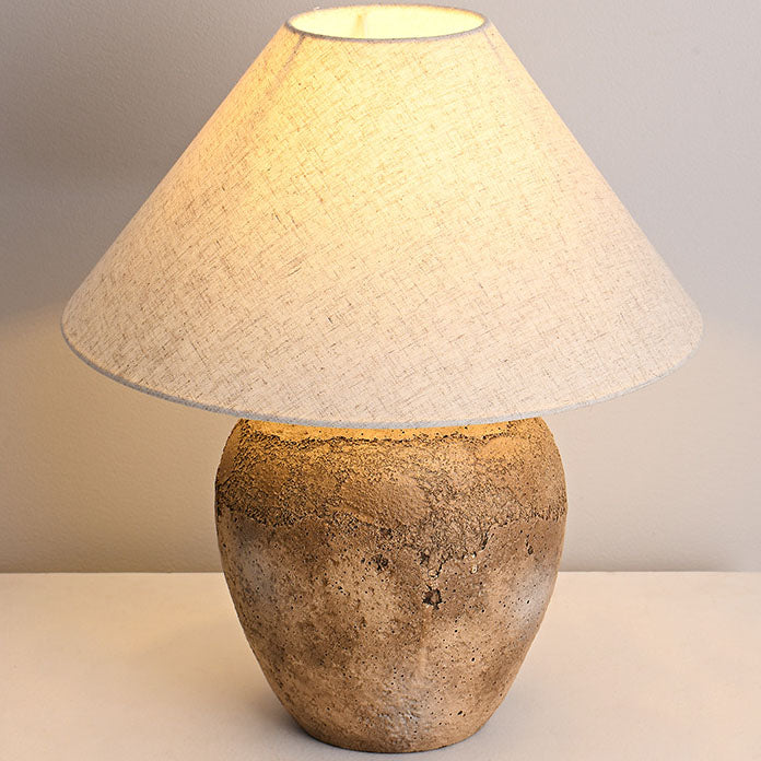 Organic Modern Textured Ceramic Table Lamp with Natural Linen Shade Rustic Wabi-Sabi Accent Light for Bedroom and Living Room