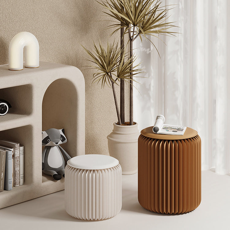 Contemporary Scandinavian Cylinder PU Leather Foldable Footstool with Kraft Paper Finish for Entryways