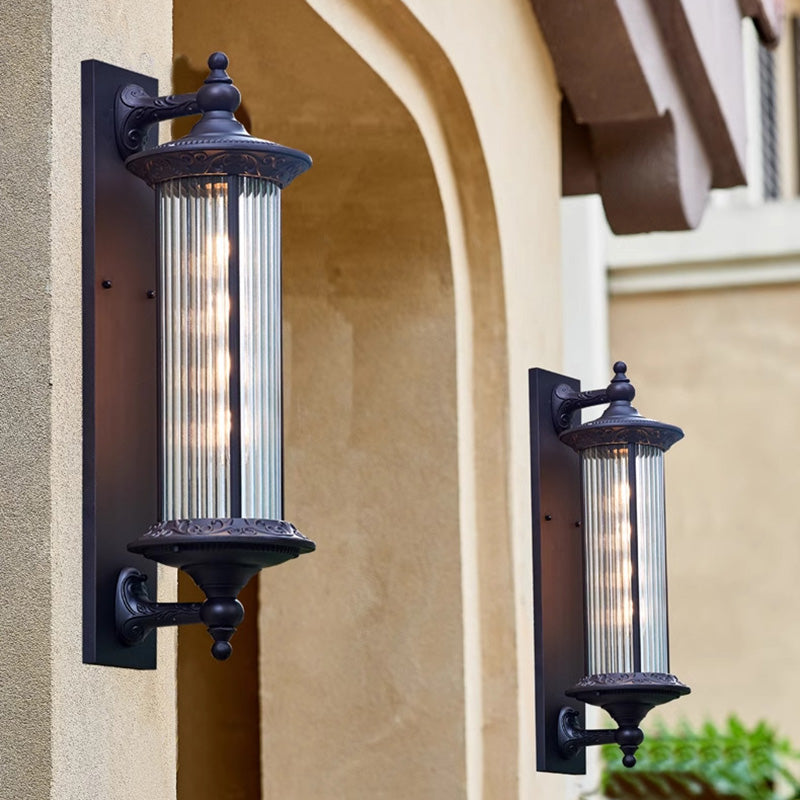 Lámpara de pared de 1 luz cilíndrica de vidrio y aluminio impermeable, estilo retro contemporáneo para jardín