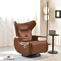 Sillón reclinable giratorio retro de piel ecológica y madera maciza con base metálica – Sillón balancín ajustable con reposabrazos y reposapiés de roble