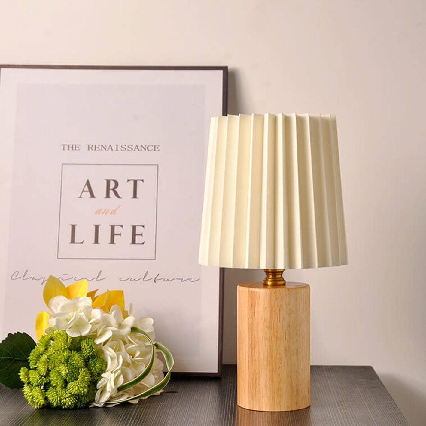 Vintage Pleated Shade Solid Wood Table Lamp Dimmable LED Bedside Desk Light for Bedroom and Living Room