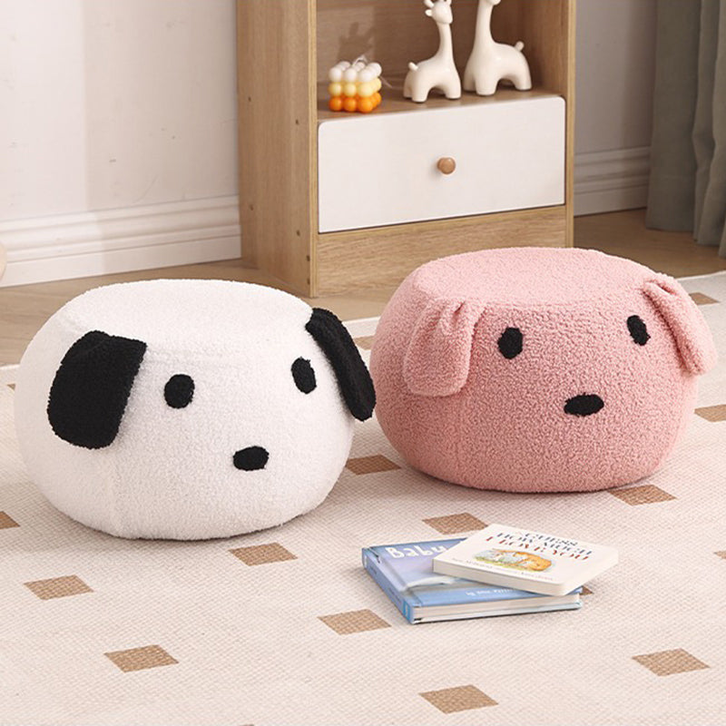 Taburete redondo de vellón tipo osito de peluche con diseño art déco moderno, construcción de madera contrachapado, sin respaldo y sin brazos, de perfil bajo para sala de estar
