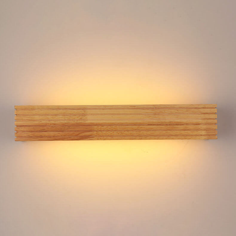 Traditional Japanese Striped Rectangular Wood LED Vanity Mirror Front Wall Sconce Lamp For Bedroom