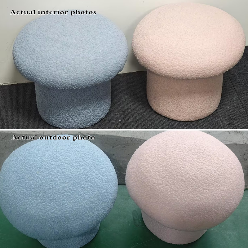 Taburete cilíndrico moderno minimalista de forro polar sherpa con forma de hongo y diseño de madera para dormitorio