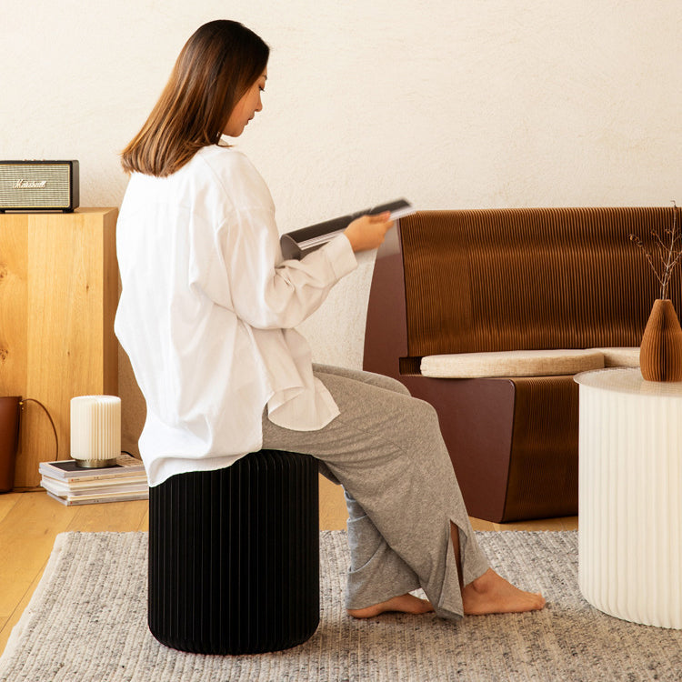 Contemporary Scandinavian Cylinder PU Leather Foldable Footstool with Kraft Paper Finish for Entryways