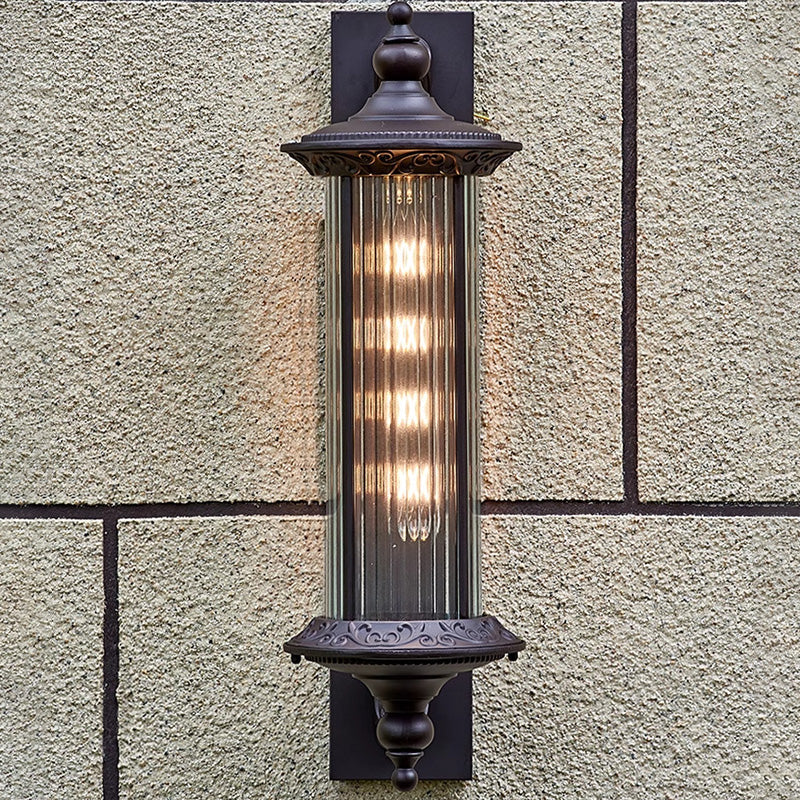 Lámpara de pared de 1 luz cilíndrica de vidrio y aluminio impermeable, estilo retro contemporáneo para jardín