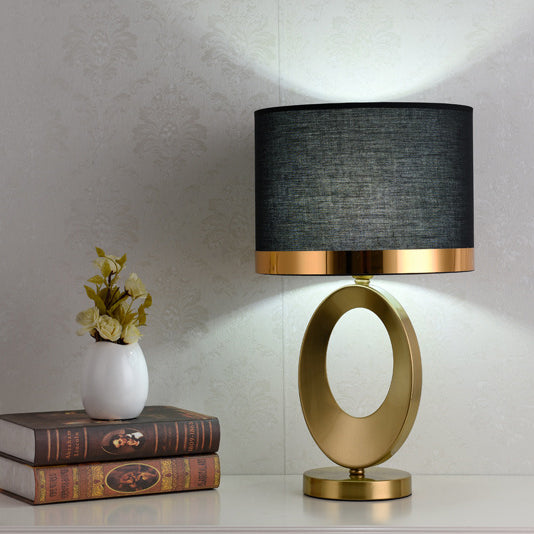 Modern Glam Gold Geometric Ring Table Lamp with Fabric Drum Shade Dimmable Bedside Light for Bedroom and Living Room
