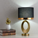 Modern Glam Gold Geometric Ring Table Lamp with Fabric Drum Shade Dimmable Bedside Light for Bedroom and Living Room
