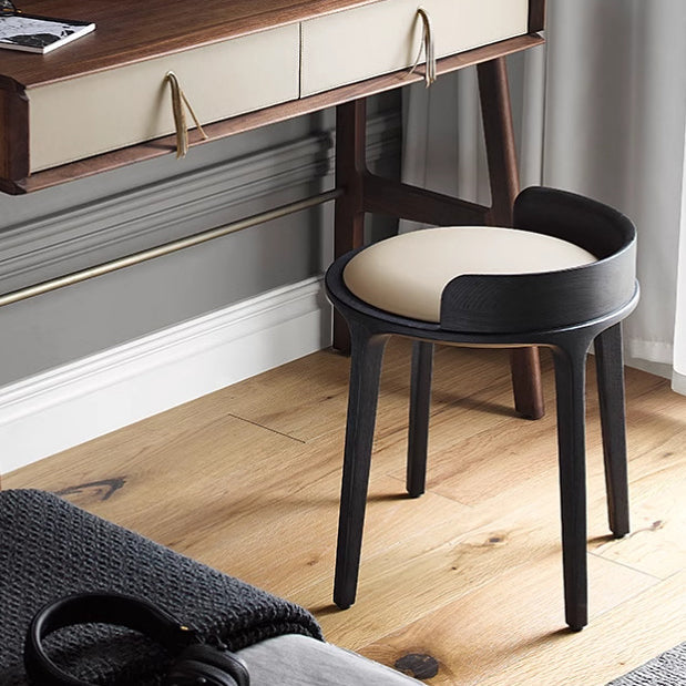 Elegant Traditional Vintage Round PU Leather Upholstered Vanity Stool with Wood Frame — Backless, Ideal Bedroom Accent