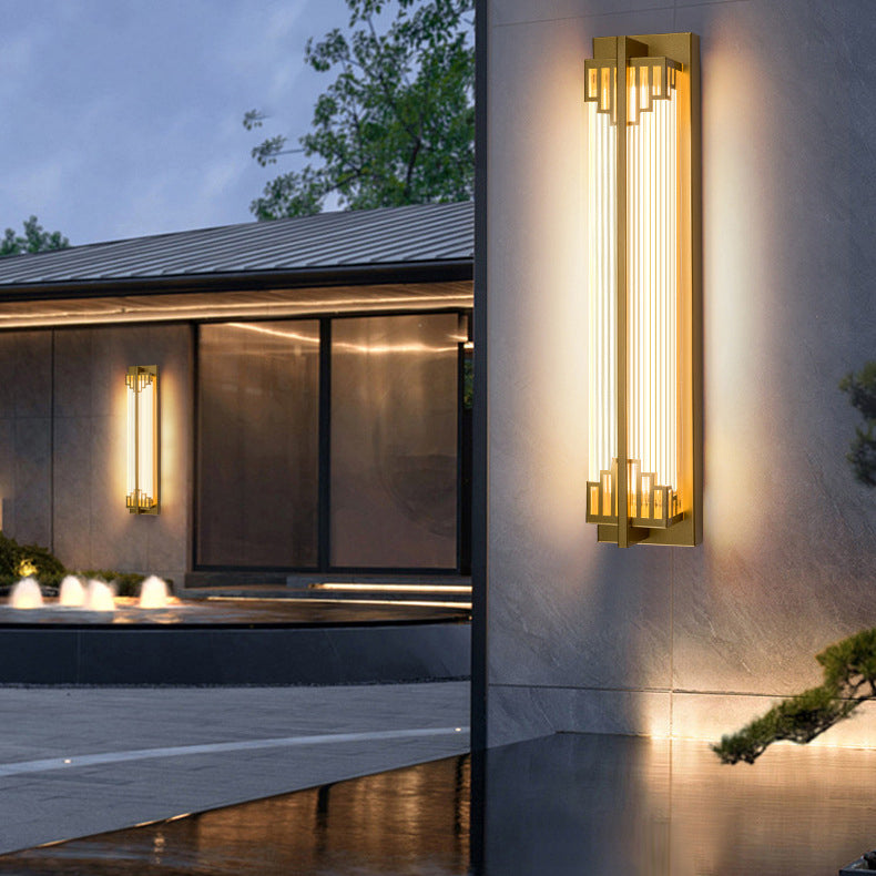 Lámpara de pared LED rectangular de cristal de acero inoxidable impermeable estilo chino tradicional para patio exterior