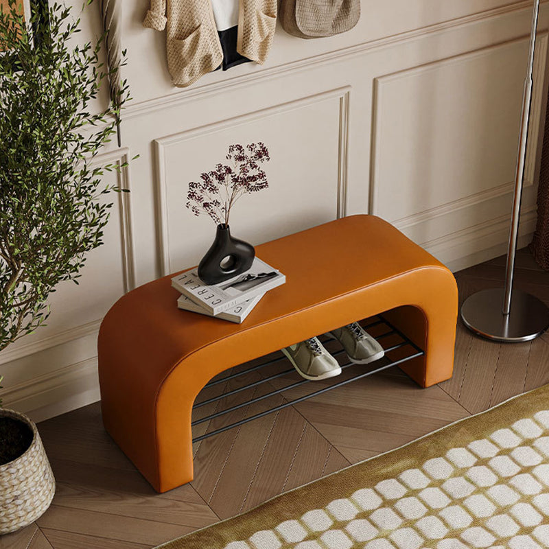 Modern Minimalist Long Rectangle Sherpa Fabric PU Leather Iron Storage Bench 1-Shelf For Entryways
