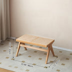 Banco rectangular japonés tradicional con patas en V, de madera de caucho y ratán, con asiento tejido a mano para recibidor y sala de estar