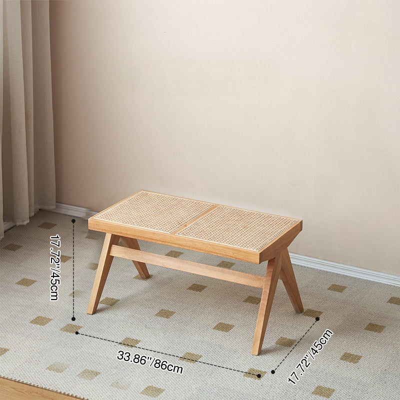 Banco rectangular japonés tradicional con patas en V, de madera de caucho y ratán, con asiento tejido a mano para recibidor y sala de estar