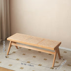 Banco rectangular japonés tradicional con patas en V, de madera de caucho y ratán, con asiento tejido a mano para recibidor y sala de estar