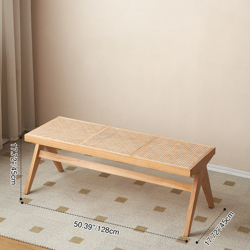 Banco rectangular japonés tradicional con patas en V, de madera de caucho y ratán, con asiento tejido a mano para recibidor y sala de estar