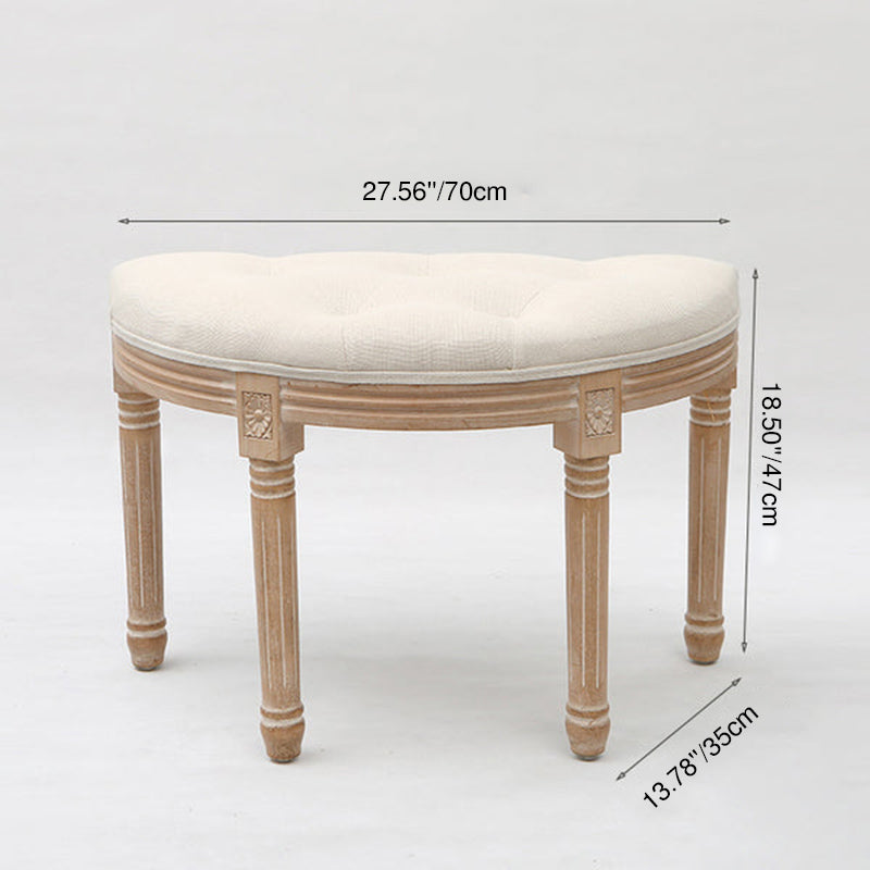 French Country Tufted Linen Vanity Stool Solid Wood Demilune Makeup Chair for Bedroom and Walk-in Closet