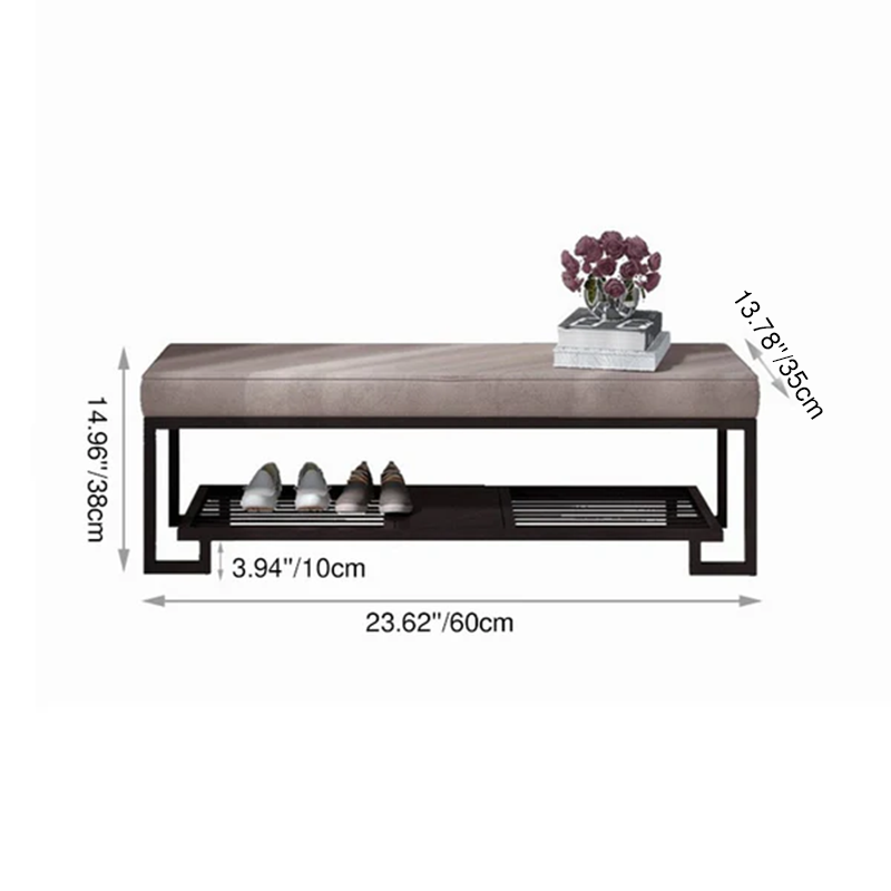 Modern Minimalist Rectangular Wrought Iron PU Leather Synthetic Fabric Shoe Bench 2-Tier For Entryway