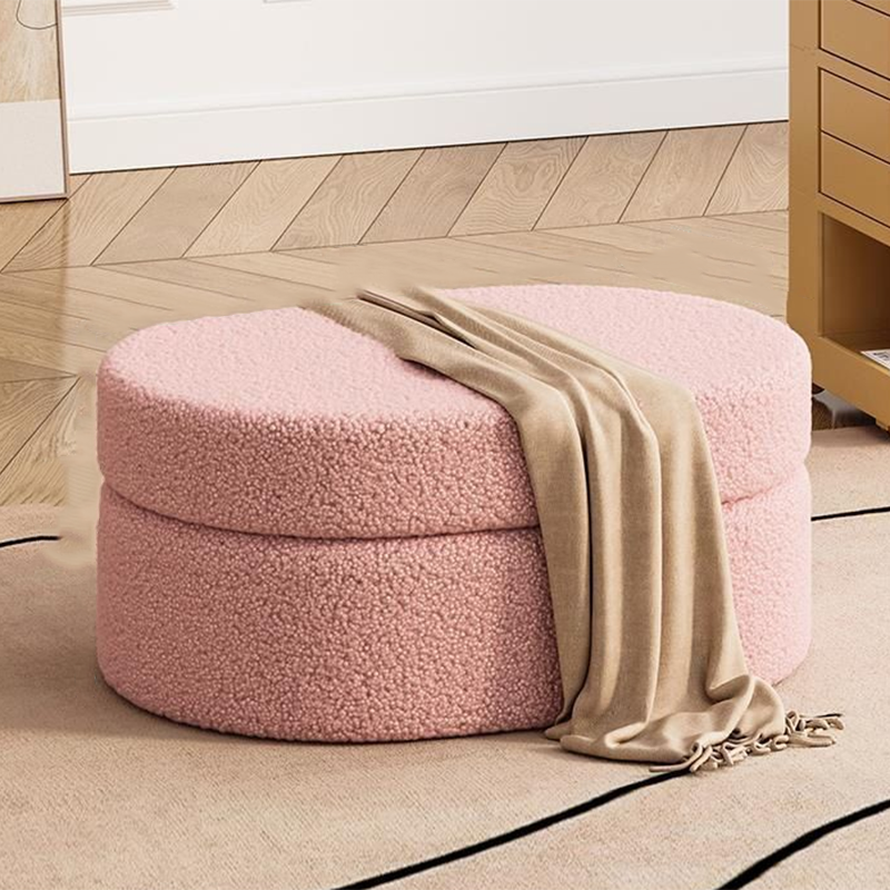 Modern Minimalist Sherpa Fabric Oval Stool with Hidden Storage - Solid Wood Frame, MDF Construction, Low-Profile Entryway Stool