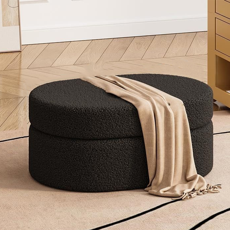 Modern Minimalist Sherpa Fabric Oval Stool with Hidden Storage - Solid Wood Frame, MDF Construction, Low-Profile Entryway Stool