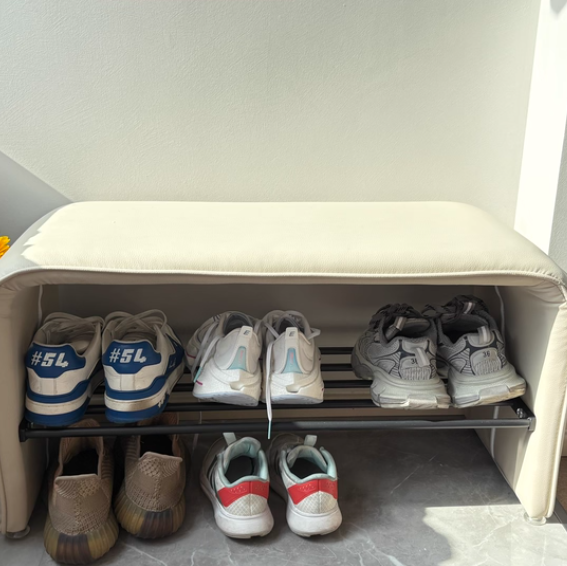Modern Simplicity Eco-friendly Synthetic Leather Carbon Steel Rectangular Shoe Shelf Bench 2-Tier Storage For Entryway