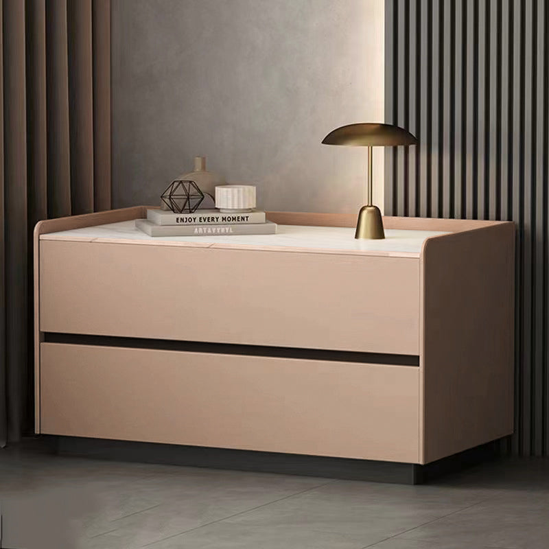 Modern Minimalist Slab Solid Wood & Microfiber Leather Rectangular Nightstand With 2 Drawers For Bedroom