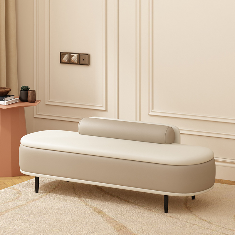 Nordic Contemporary Faux Leather Storage Bench with Wood and Carbon Steel Frame, Oval Backrest for Bedroom & Entryway
