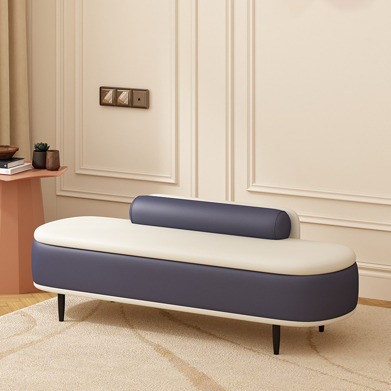 Nordic Contemporary Faux Leather Storage Bench with Wood and Carbon Steel Frame, Oval Backrest for Bedroom & Entryway