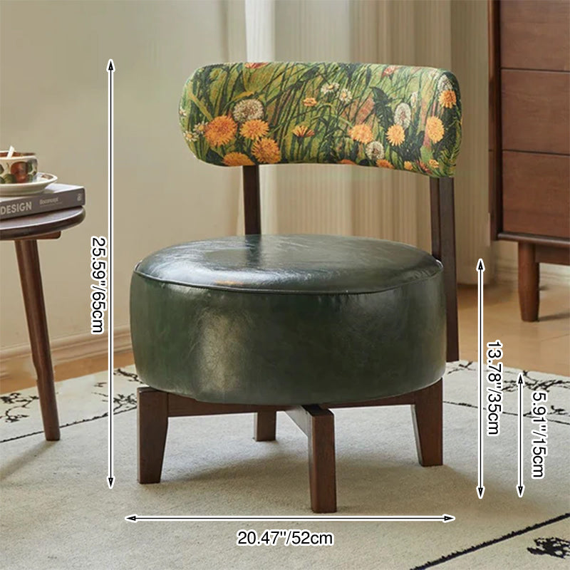 Traditional Vintage Swivel Round Rubberwood Faux Oil-waxed Leather Chair Backrest For Living Room