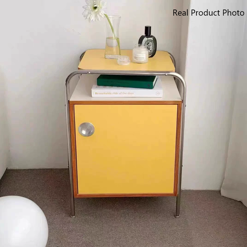 Mesita de noche contemporánea nórdica rectangular de madera y acero inoxidable con 1 cajón para dormitorio