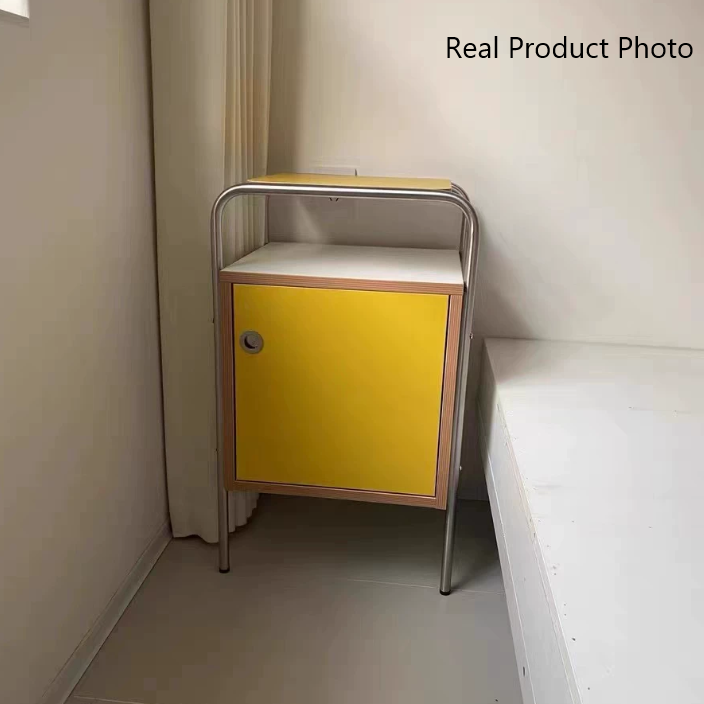 Mesita de noche contemporánea nórdica rectangular de madera y acero inoxidable con 1 cajón para dormitorio