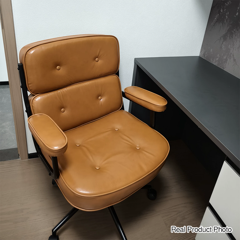 Contemporary Scandinavian Rotatable Rectangular Metal PU & Genuine Leather Sponge Liftable Desk Chair Backrest Armrest For Home Office