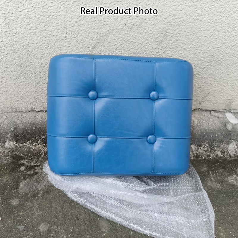 Taburete bajo rectangular contemporáneo escandinavo de cuero sintético y madera maciza con metal para sala de estar