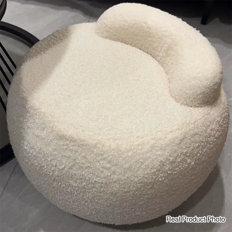 Taburete bajo moderno minimalista de tela de borreguillo color crema — Estructura de madera maciza, diseño sin reposabrazos para sala de estar