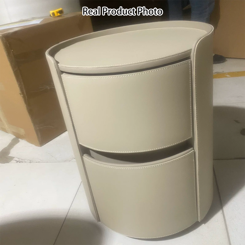 Mesita de noche moderna de lujo redonda de madera contrachapada con piel sintética y 2 cajones para dormitorio