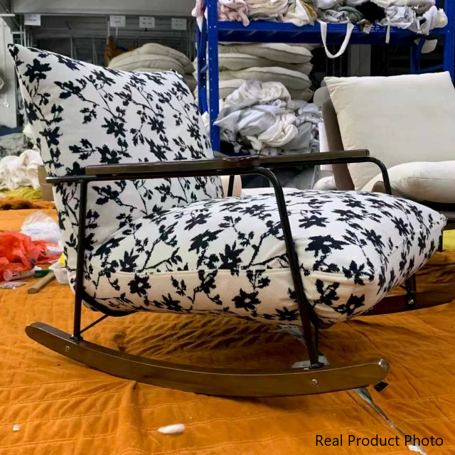 Sillón reclinable de franela con pintura a tinta, estilo retro contemporáneo, con estructura de hierro y base de madera de caucho, reposapiés, respaldo y apoyabrazos para salón.