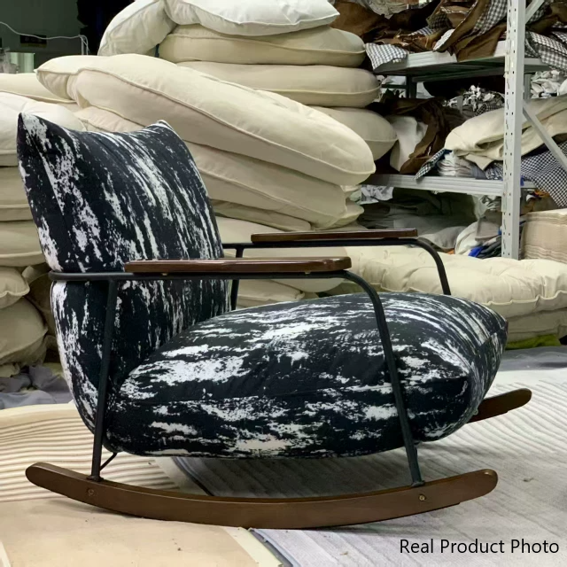 Sillón reclinable de franela con pintura a tinta, estilo retro contemporáneo, con estructura de hierro y base de madera de caucho, reposapiés, respaldo y apoyabrazos para salón.