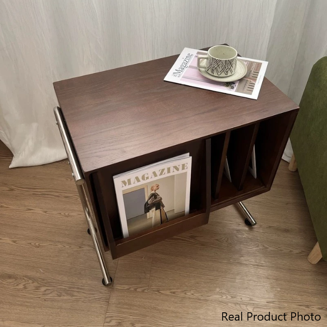 Mesa auxiliar rectangular de madera contrachapada de estilo japonés tradicional con almacenamiento y acero inoxidable para salón