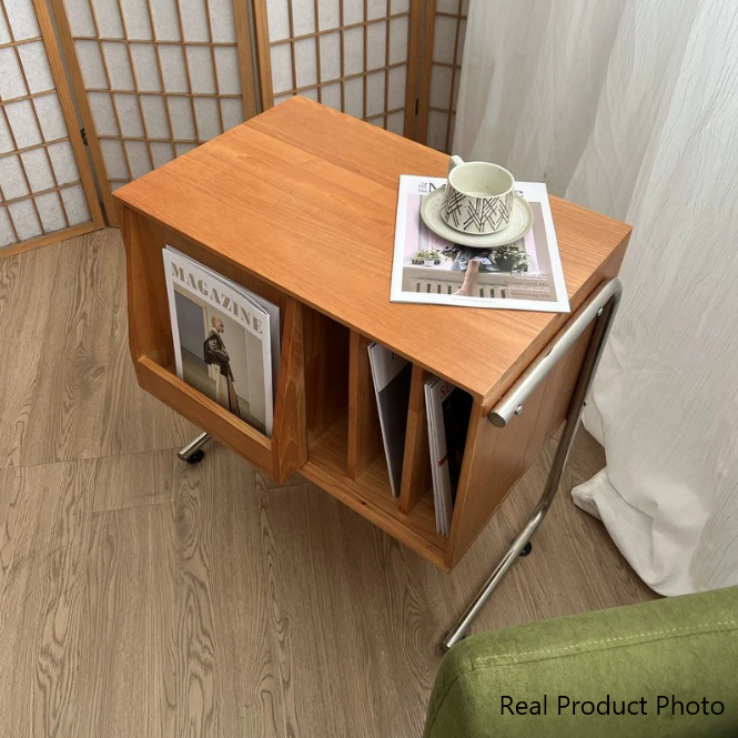 Mesa auxiliar rectangular de madera contrachapada de estilo japonés tradicional con almacenamiento y acero inoxidable para salón
