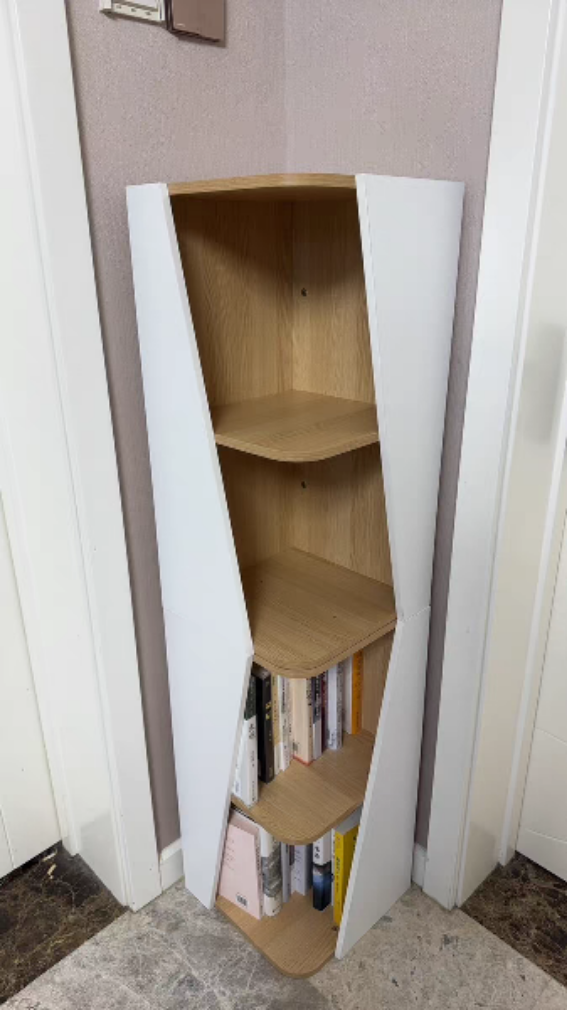 Estantería esquinera compacta de MDF con diseño triangular, minimalista y moderno, con 2/4/6 niveles de almacenamiento para oficina en casa