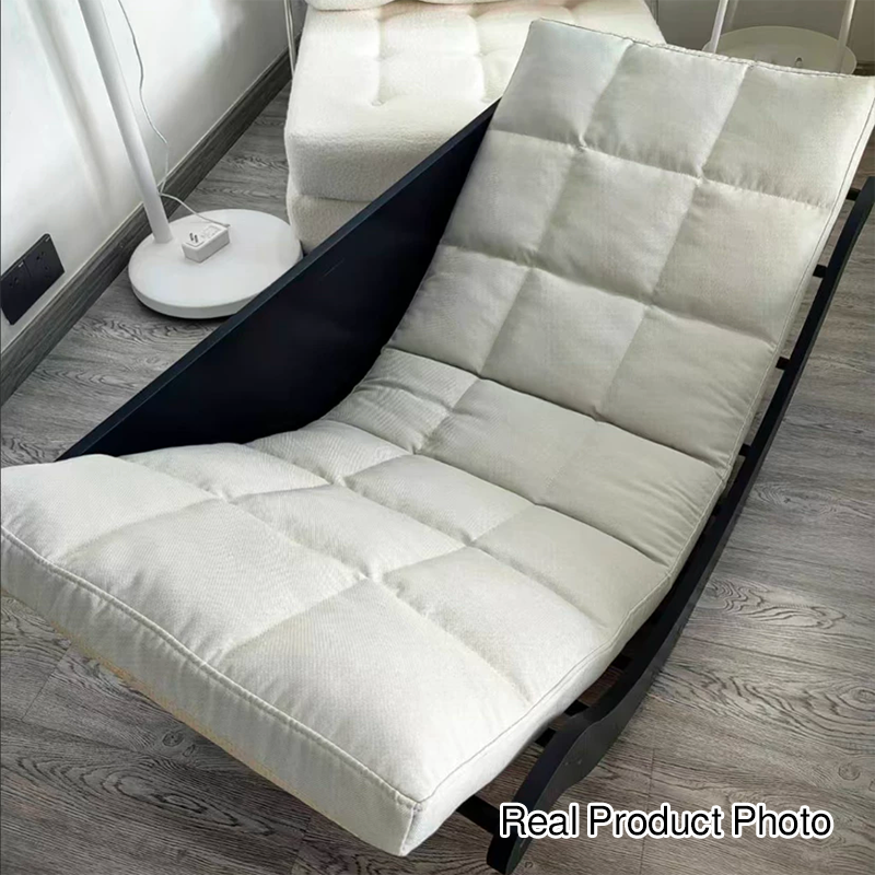 Mecedora Reclinable Nórdica Contemporánea Moon Boat con Respaldo de Piel Sintética, Algodón-Lino y HDF para Salón y Dormitorio